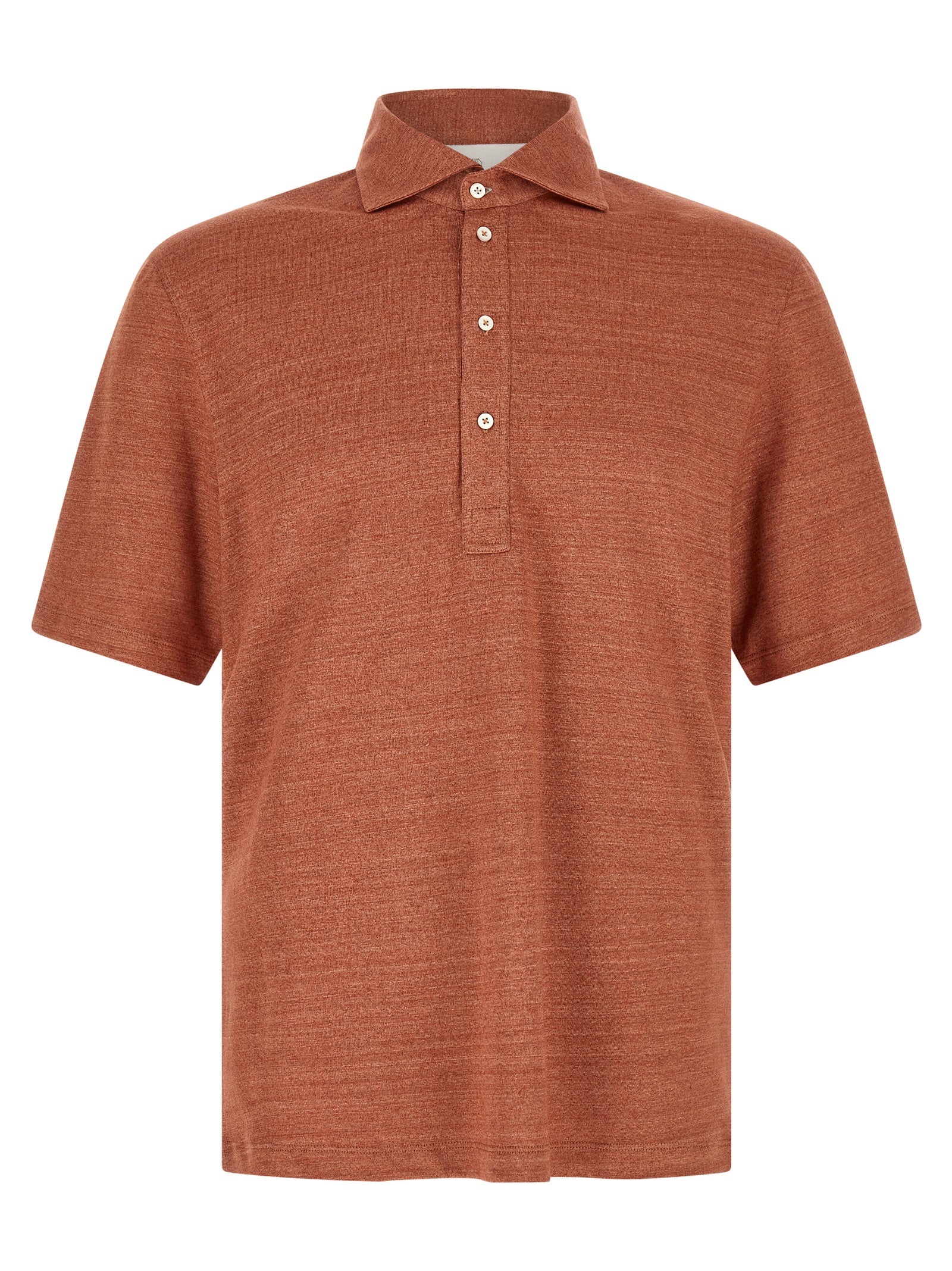 Polo Shirt by Brunello Cucinelli for men in linen & cotton orange presents a sleek silhouette, featuring a refined shirt-collar neckline and for a sleek finish.