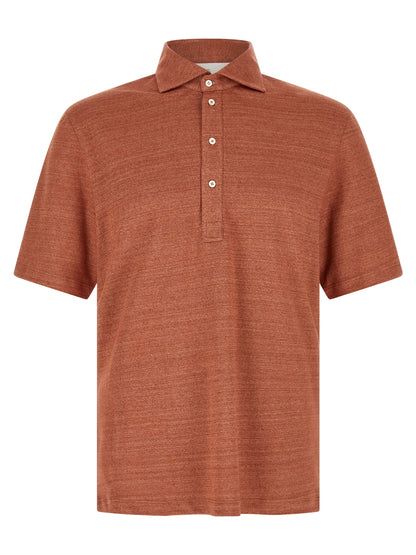 Polo Shirt by Brunello Cucinelli for men in linen & cotton orange presents a sleek silhouette, featuring a refined shirt-collar neckline and for a sleek finish.