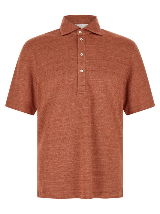 Polo Shirt by Brunello Cucinelli for men in linen & cotton orange presents a sleek silhouette, featuring a refined shirt-collar neckline and for a sleek finish.