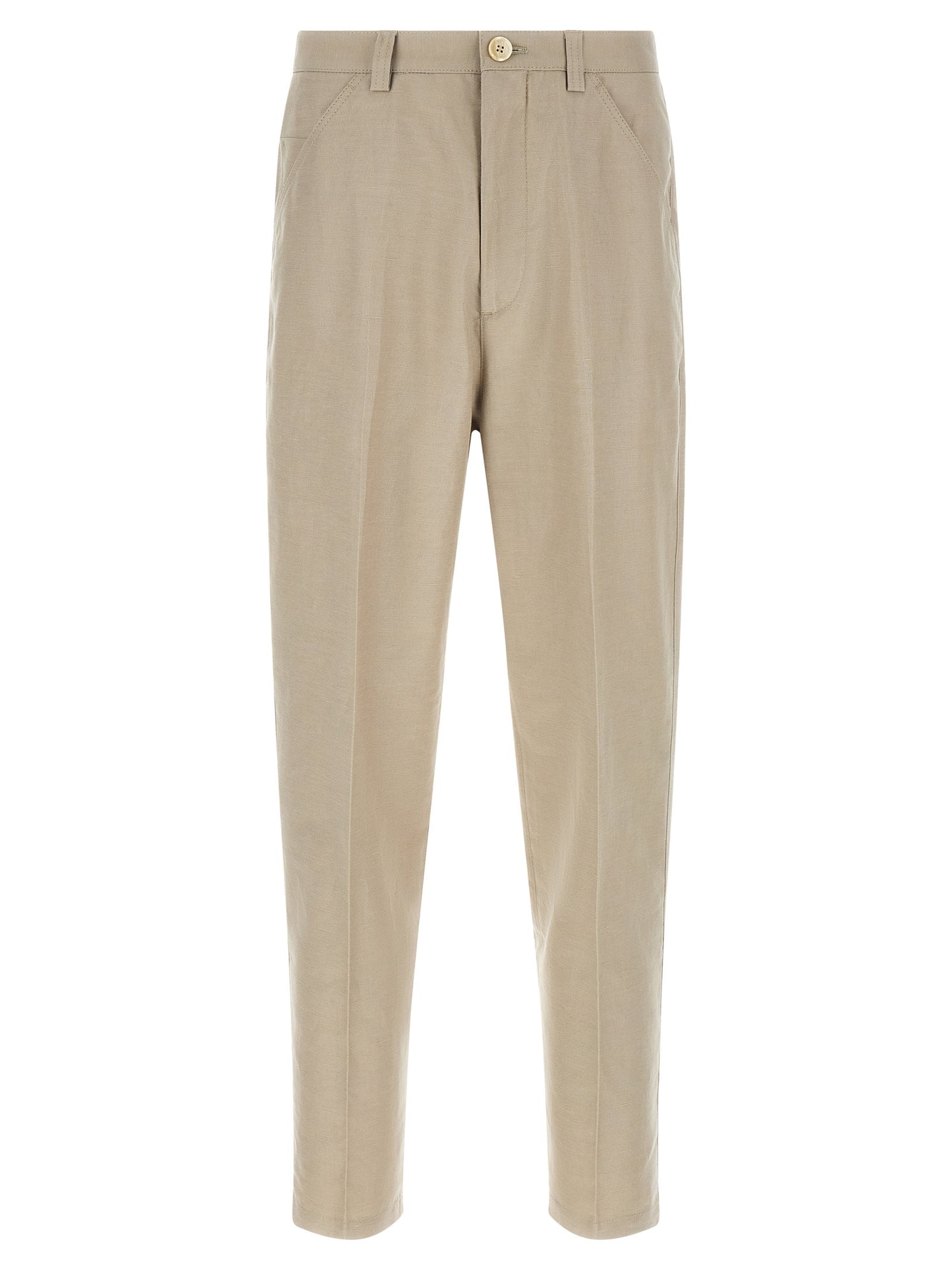 Trousers by Brunello Cucinelli for men in linen & cotton brown features a sculptural silhouette, showcasing a sculptural tapered-leg and long with a sophisticated for a sculptural finish.