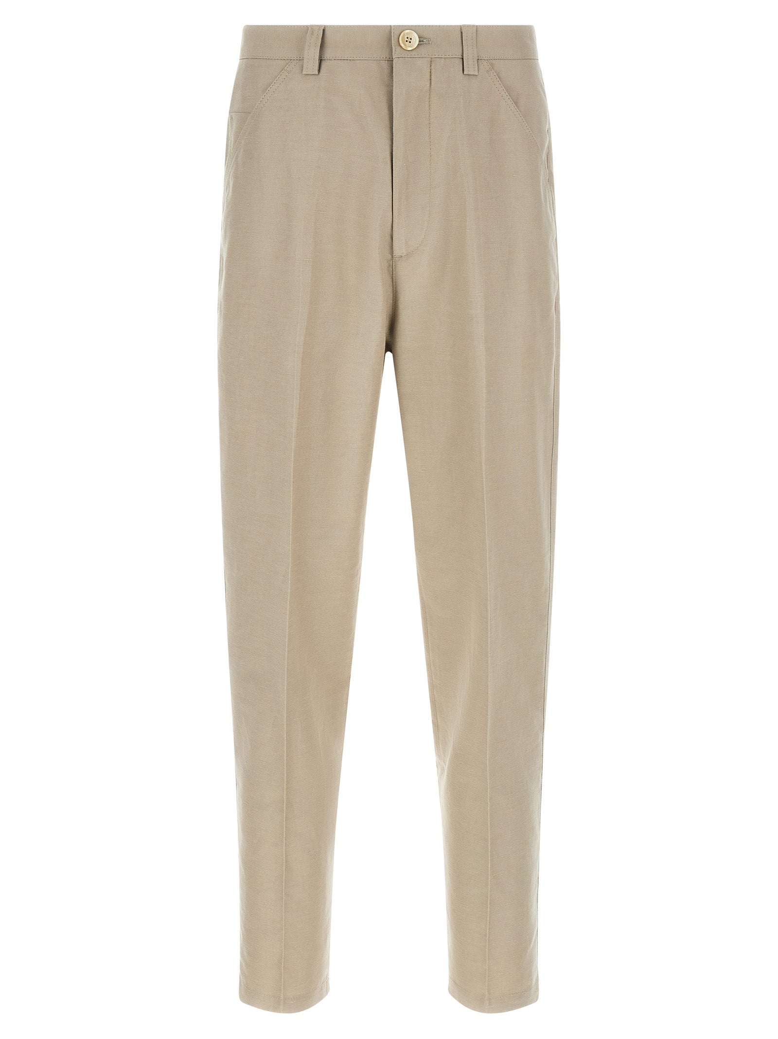 Trousers by Brunello Cucinelli for men in linen & cotton brown features a sculptural silhouette, showcasing a sculptural tapered-leg and long with a sophisticated for a sculptural finish.