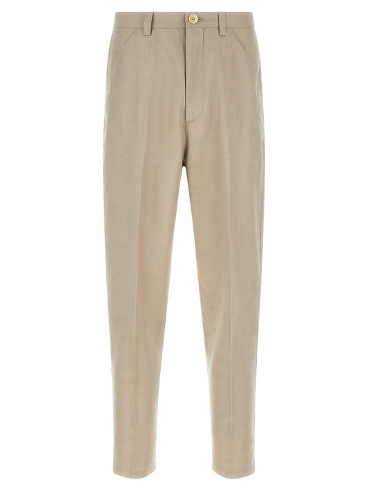 Trousers by Brunello Cucinelli for men in linen & cotton brown features a sculptural silhouette, showcasing a sculptural tapered-leg and long with a sophisticated for a sculptural finish.