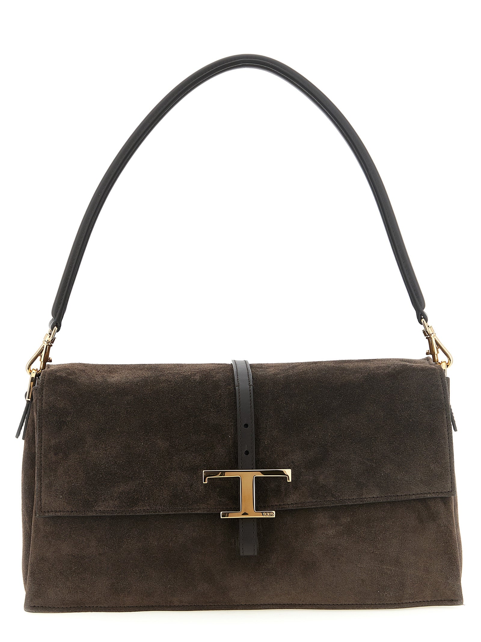 Small Shoulder Flap Bag by Tod's for women in suede calfskin leather brown, gold & signature features a distinguished silhouette, showcasing a secure flap & magnetic and distinguished with versatile shoulder-strap, adjustable-strap, detachable-strap & handle for a distinguished finish.