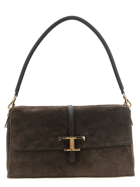 Small Shoulder Flap Bag by Tod's for women in suede calfskin leather brown, gold & signature features a distinguished silhouette, showcasing a secure flap & magnetic and distinguished with versatile shoulder-strap, adjustable-strap, detachable-strap & handle for a distinguished finish.