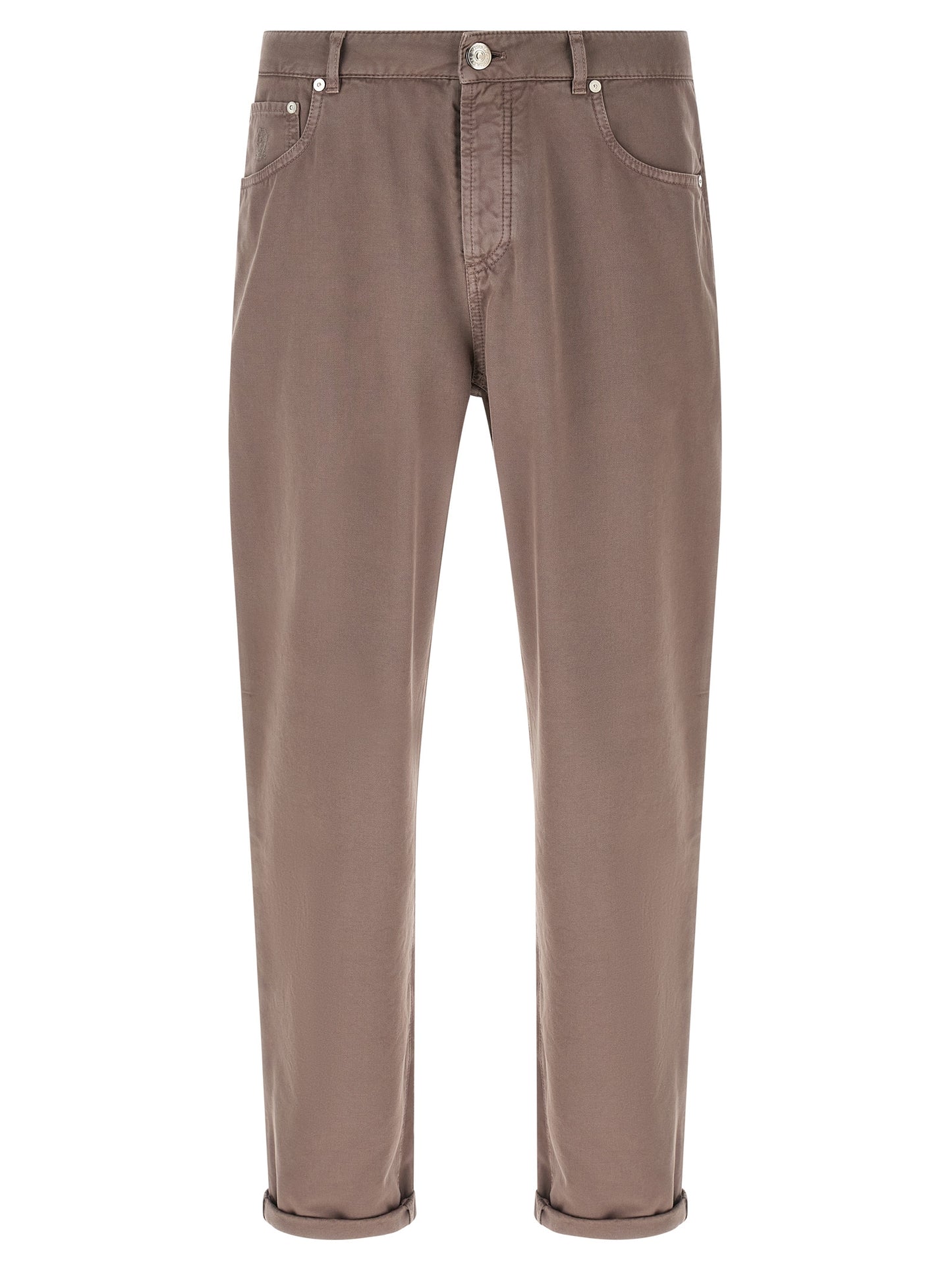 Trousers by Brunello Cucinelli for men in cotton brown features a tailored silhouette with a tailored straight-leg, defined by its long and a sophisticated .