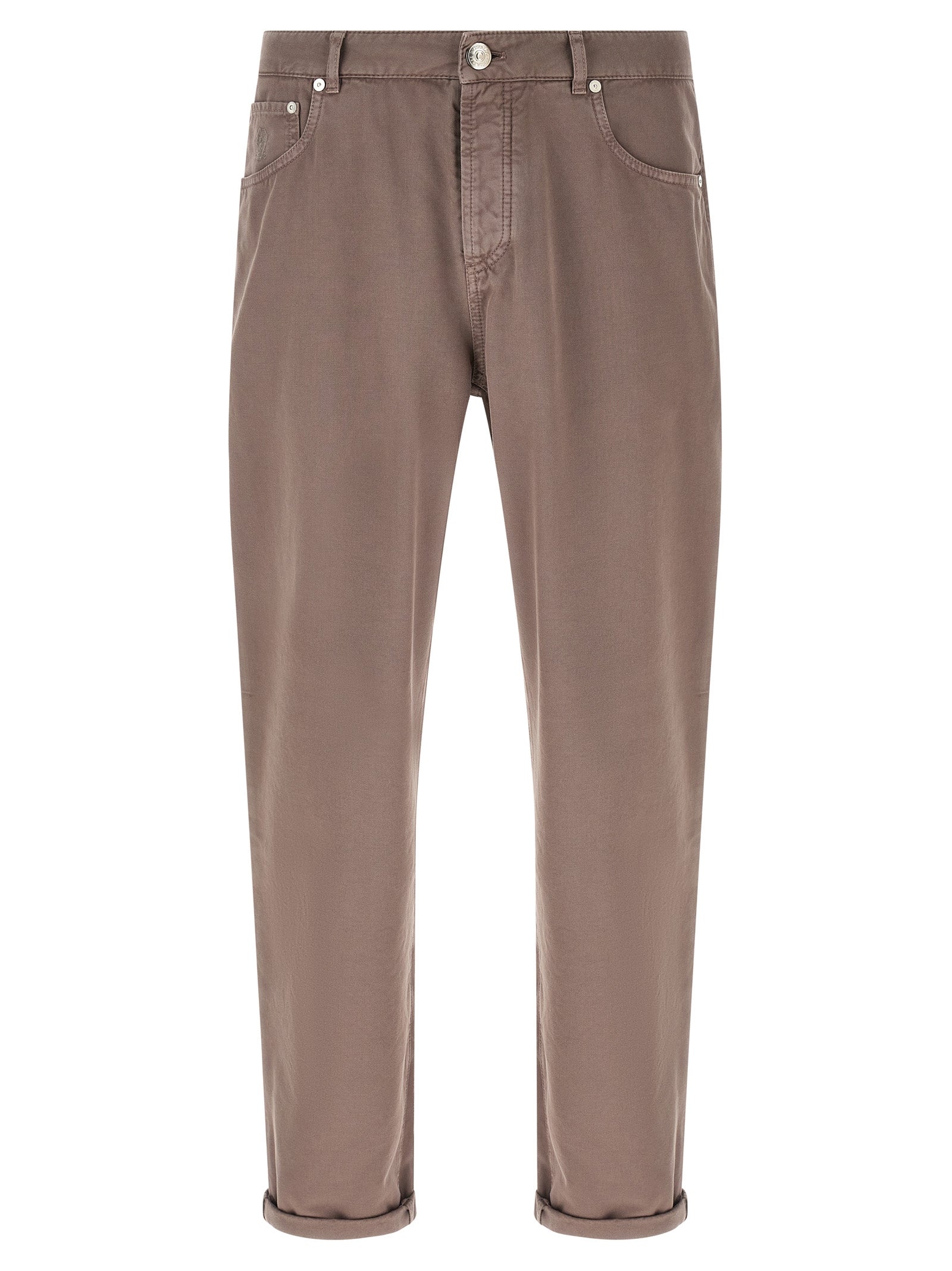 Trousers by Brunello Cucinelli for men in cotton brown features a tailored silhouette with a tailored straight-leg, defined by its long and a sophisticated .