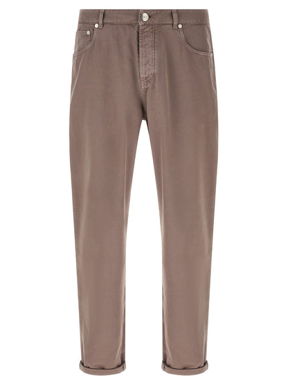 Trousers by Brunello Cucinelli for men in cotton brown features a tailored silhouette with a tailored straight-leg, defined by its long and a sophisticated .