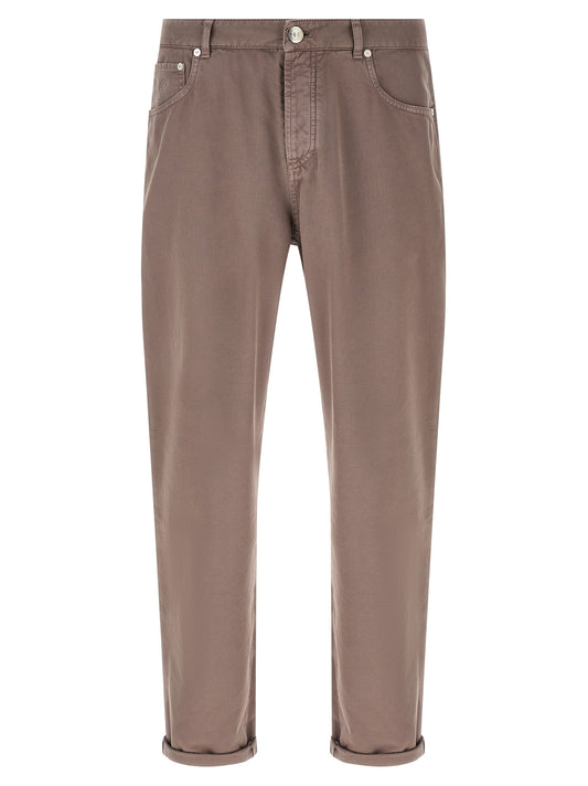 Trousers by Brunello Cucinelli for men in cotton brown features a tailored silhouette with a tailored straight-leg, defined by its long and a sophisticated .