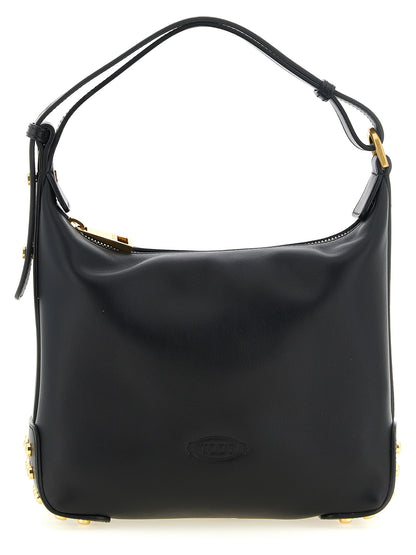 Mini Shoulder Hobo Bag by Tod's for women in bos taurus calfskin leather black, gold & signature features a distinguished silhouette, showcasing a secure zipper and distinguished with versatile shoulder-strap, adjustable-strap & handle for a distinguished finish.