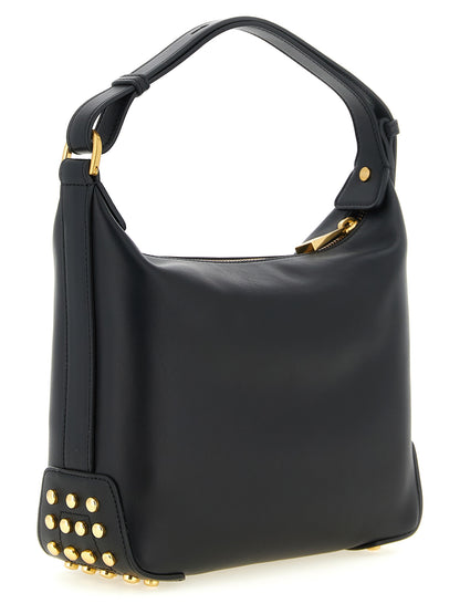 Mini Shoulder Hobo Bag by Tod's for women in bos taurus calfskin leather black, gold & signature presents a versatile silhouette, showcasing a secure zipper and versatile with versatile shoulder-strap, adjustable-strap & handle for a sophisticated look.