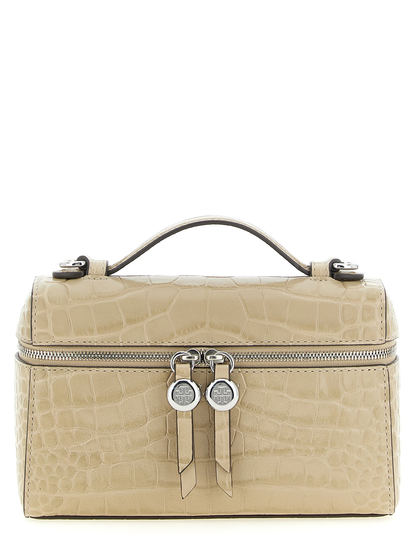 Shoulder Bag by Tory Burch for women in crocodile skin leather beige, silver, signature-print & print showcases a enviable silhouette, artfully detailed with a secure zipper, organized , and versatile shoulder-strap & detachable-strap for a enviable look.