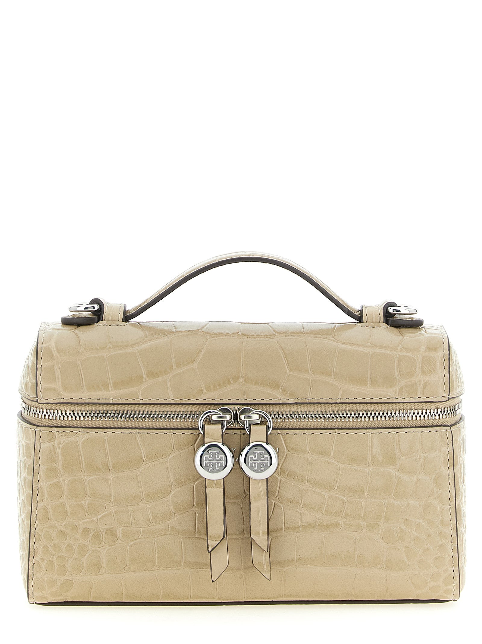 Shoulder Bag by Tory Burch for women in crocodile skin leather beige, silver, signature-print & print showcases a enviable silhouette, artfully detailed with a secure zipper, organized , and versatile shoulder-strap & detachable-strap for a enviable look.