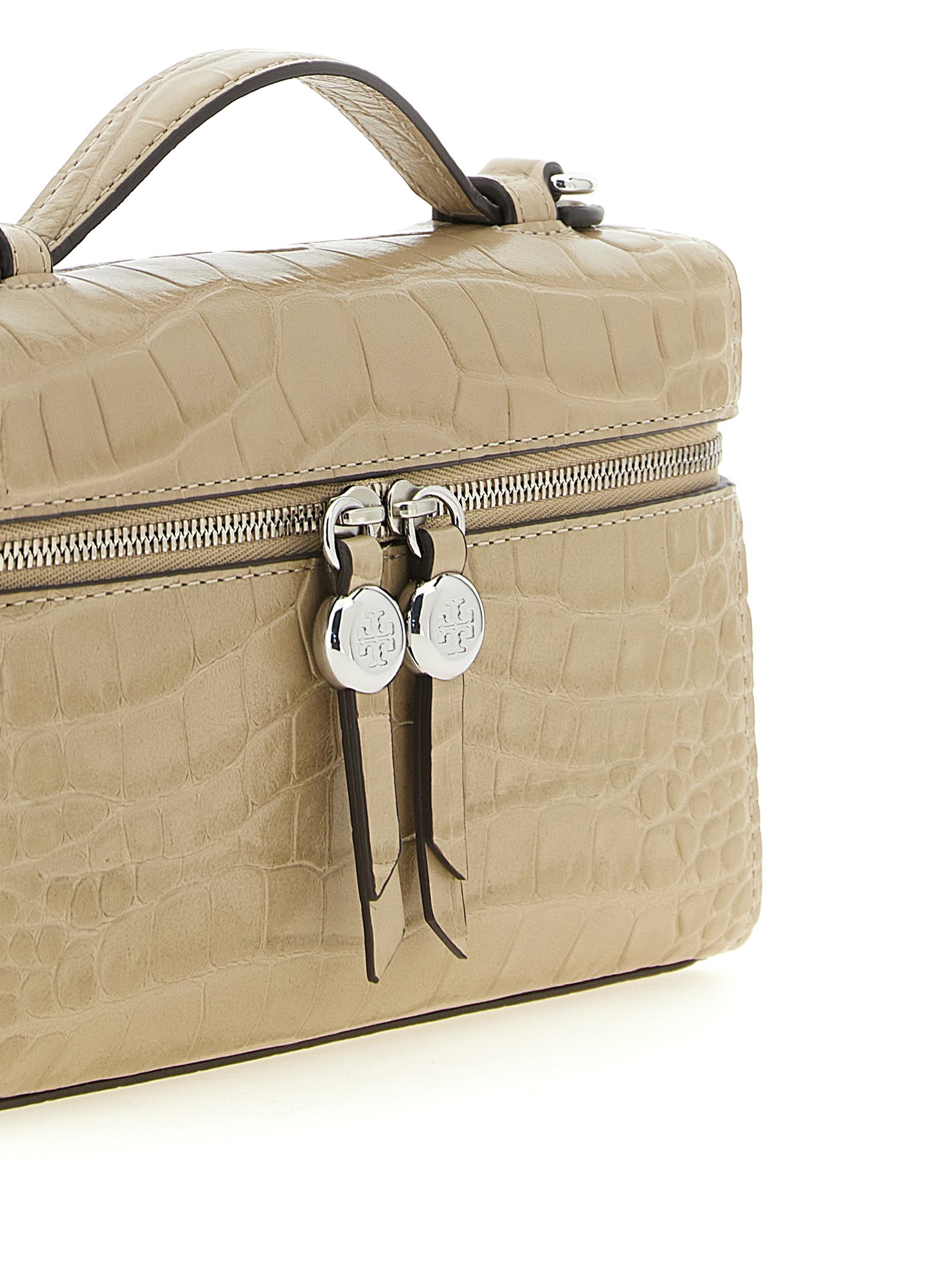 Shoulder Bag by Tory Burch for women in crocodile skin leather beige, silver, signature-print & print features a effortless chic silhouette with a secure zipper, ample , and versatile shoulder-strap & detachable-strap for a effortless chic finish.