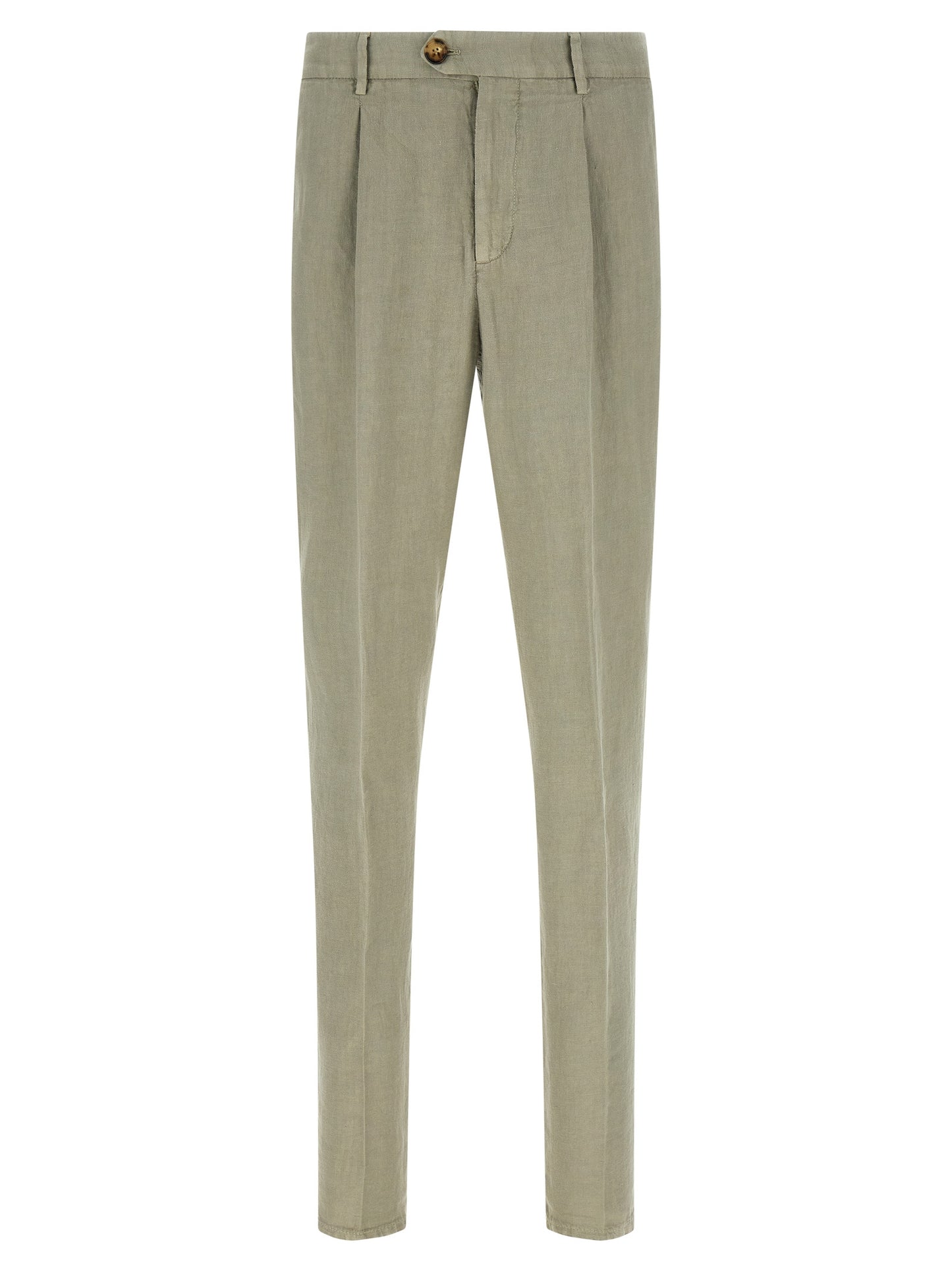 Trousers by Brunello Cucinelli for men in linen bicolour, green, horn, olive & signature features a tailored silhouette with a tailored tapered-leg & relaxed-fit, defined by its long and a sophisticated .