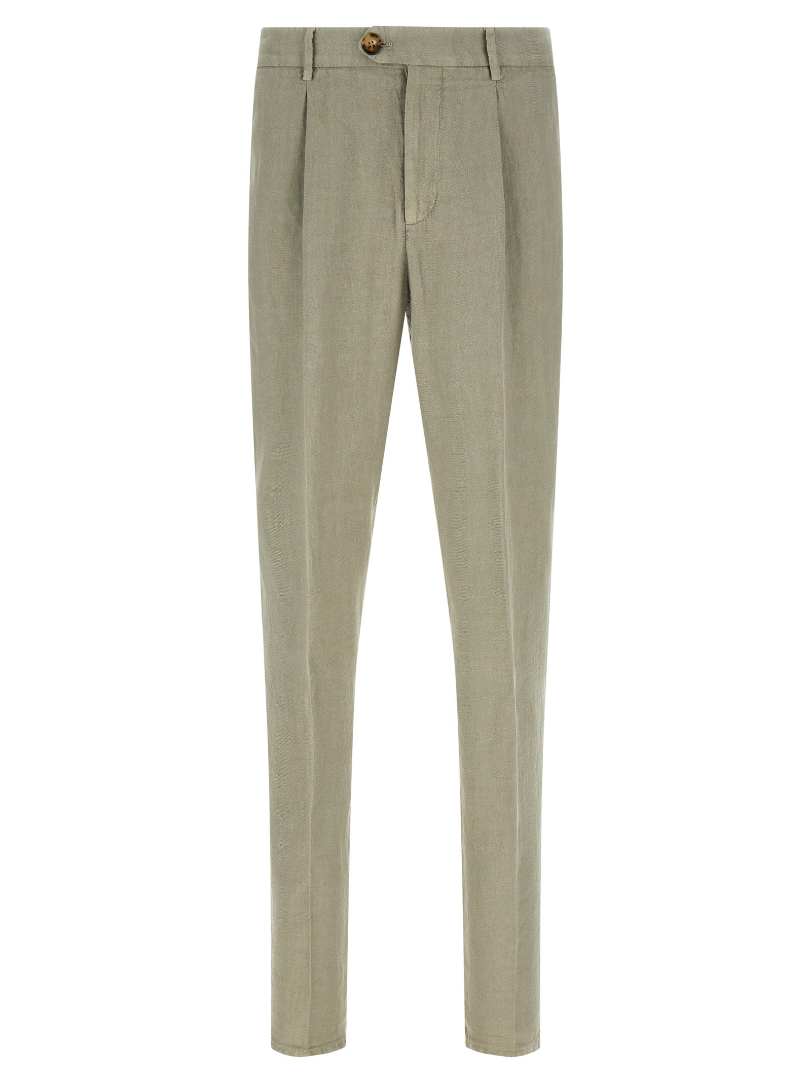 Trousers by Brunello Cucinelli for men in linen bicolour, green, horn, olive & signature features a tailored silhouette with a tailored tapered-leg & relaxed-fit, defined by its long and a sophisticated .