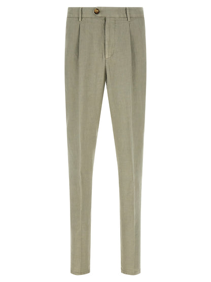 Trousers by Brunello Cucinelli for men in linen bicolour, green, horn, olive & signature features a tailored silhouette with a tailored tapered-leg & relaxed-fit, defined by its long and a sophisticated .