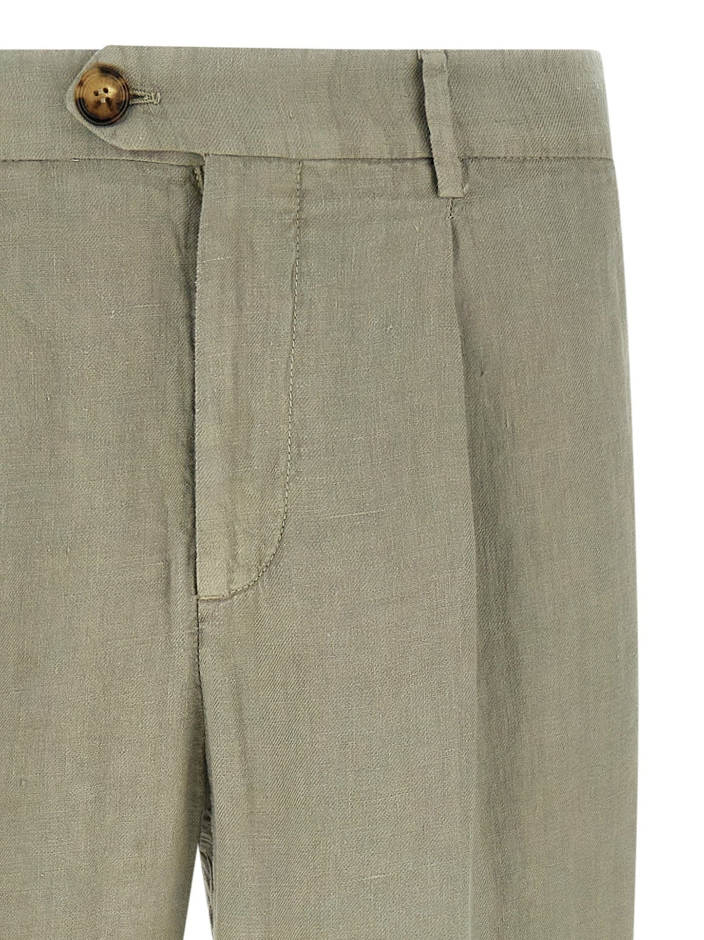Trousers by Brunello Cucinelli for men in linen bicolour, green, horn, olive & signature features a artisanal silhouette, showcasing a sophisticated tapered-leg & relaxed-fit with a long and for a artisanal finish.