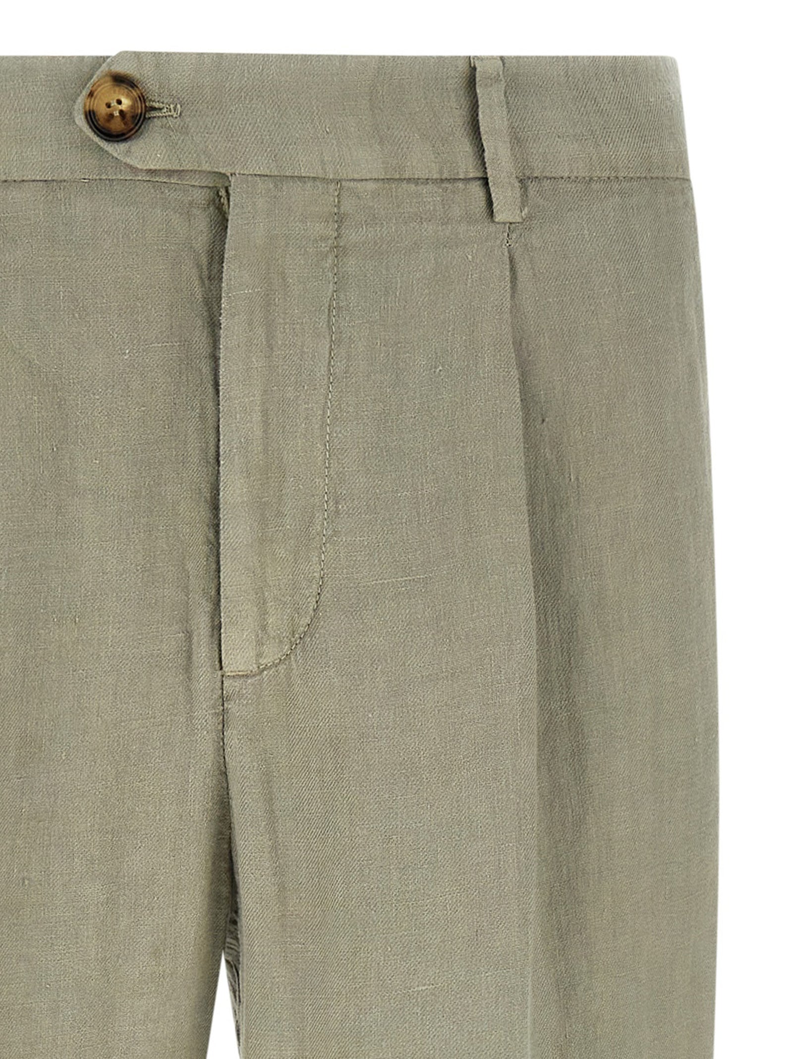Trousers by Brunello Cucinelli for men in linen bicolour, green, horn, olive & signature features a artisanal silhouette, showcasing a sophisticated tapered-leg & relaxed-fit with a long and for a artisanal finish.