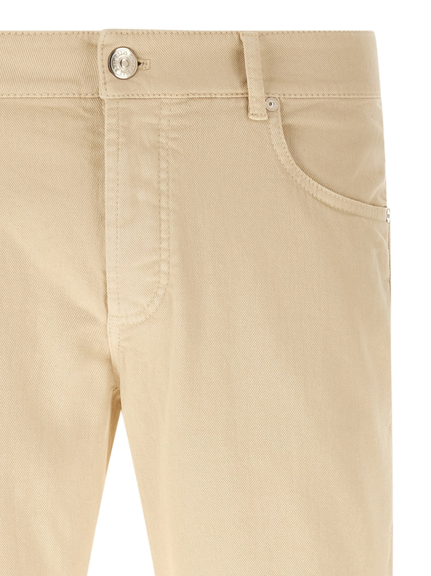 Jeans by Brunello Cucinelli for men in stretch denim cotton canvas beige features a refined silhouette with a refined tapered-leg & straight-leg, defined by a and a refined long for a refined finish.