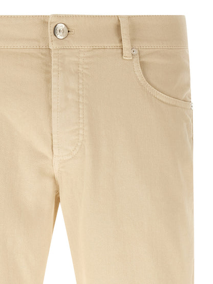 Jeans by Brunello Cucinelli for men in stretch denim cotton canvas beige features a refined silhouette with a refined tapered-leg & straight-leg, defined by a and a refined long for a refined finish.