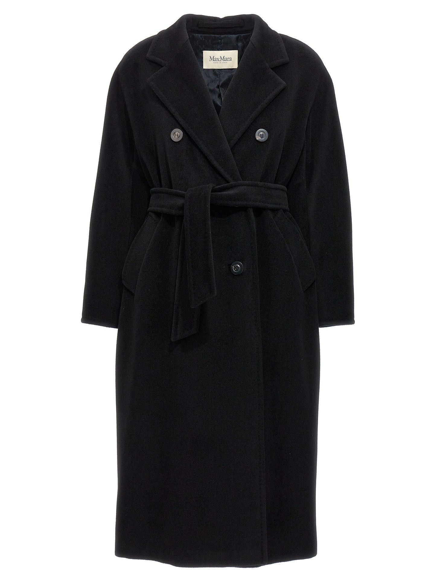 Overcoat by Max Mara for women in virgin cashmere wool black & horn features an satoral silhouette, showcasing a sophisticated and satoral pockets for a premium, timeless look.