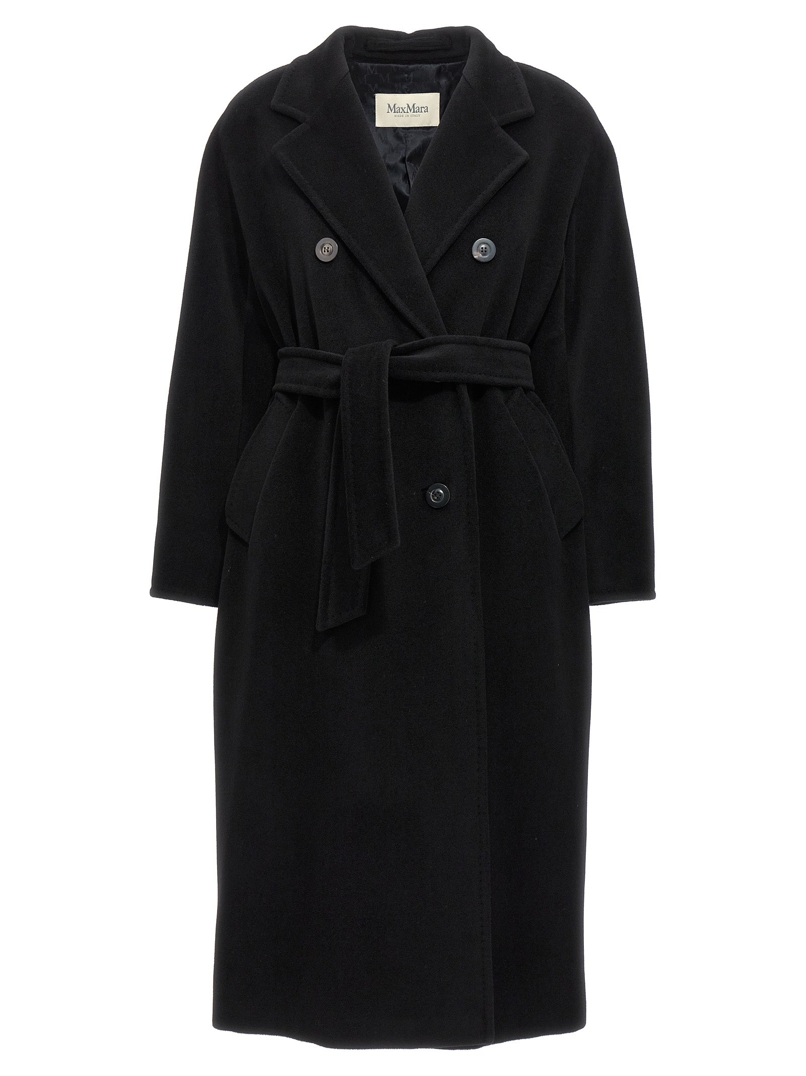 Overcoat by Max Mara for women in virgin cashmere wool black & horn features an satoral silhouette, showcasing a sophisticated and satoral pockets for a premium, timeless look.