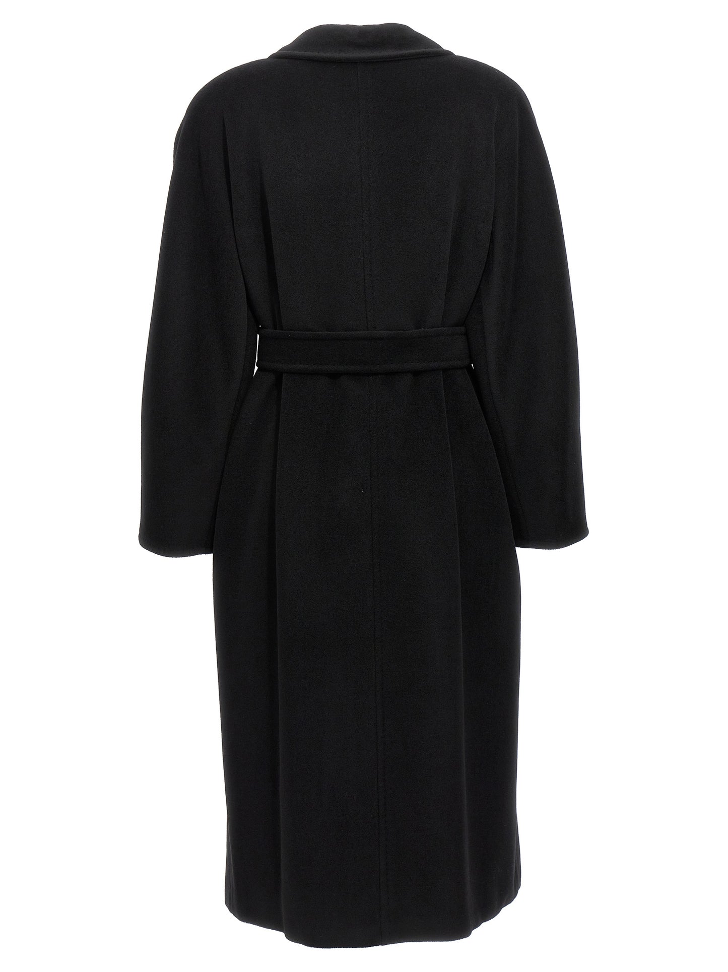 Overcoat by Max Mara for women in virgin cashmere wool black & horn showcases a architectural silhouette, artfully detailed with a distinctive and functional pockets for a architectural finish.