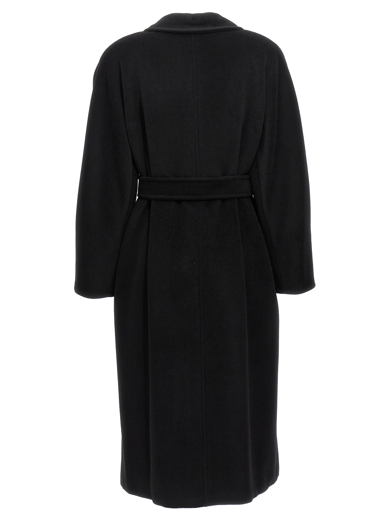 Overcoat by Max Mara for women in virgin cashmere wool black & horn showcases a architectural silhouette, artfully detailed with a distinctive and functional pockets for a architectural finish.