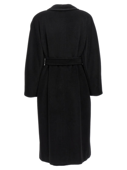 Overcoat by Max Mara for women in virgin cashmere wool black & horn showcases a architectural silhouette, artfully detailed with a distinctive and functional pockets for a architectural finish.