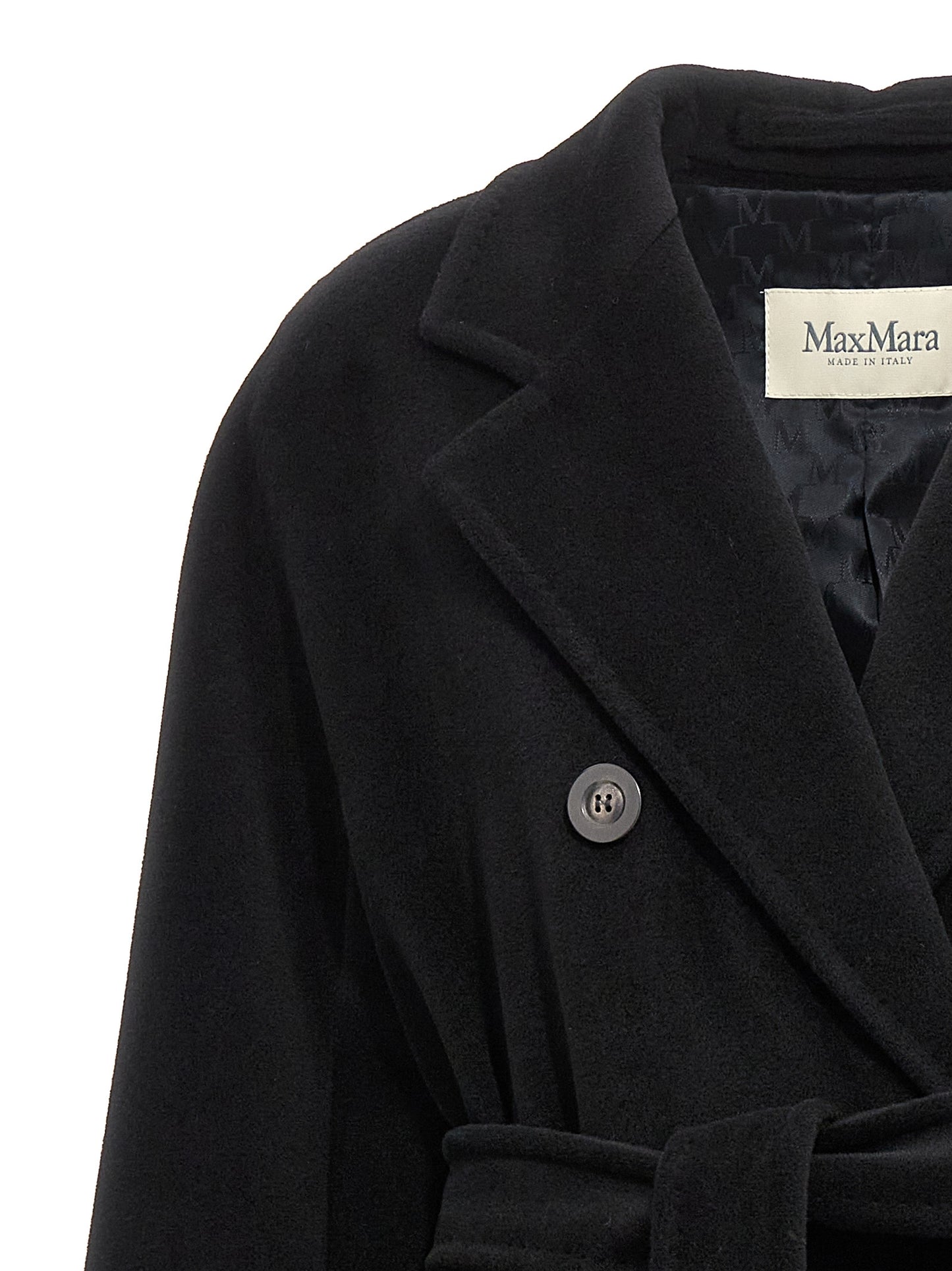 Overcoat by Max Mara for women in virgin cashmere wool black & horn showcases a enveloping silhouette, detailed with distinctive pockets and a enveloping .
