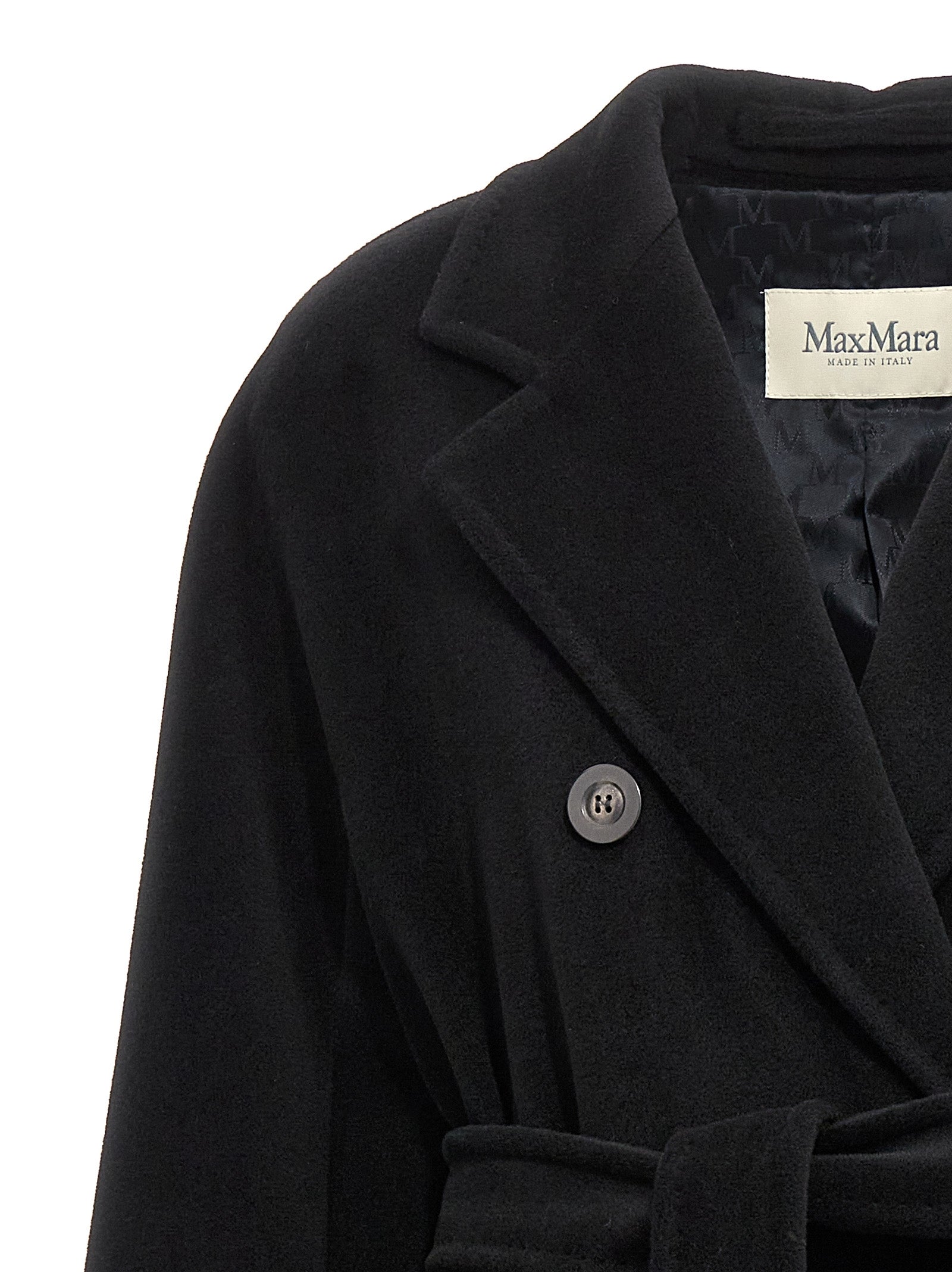 Overcoat by Max Mara for women in virgin cashmere wool black & horn showcases a enveloping silhouette, detailed with distinctive pockets and a enveloping .