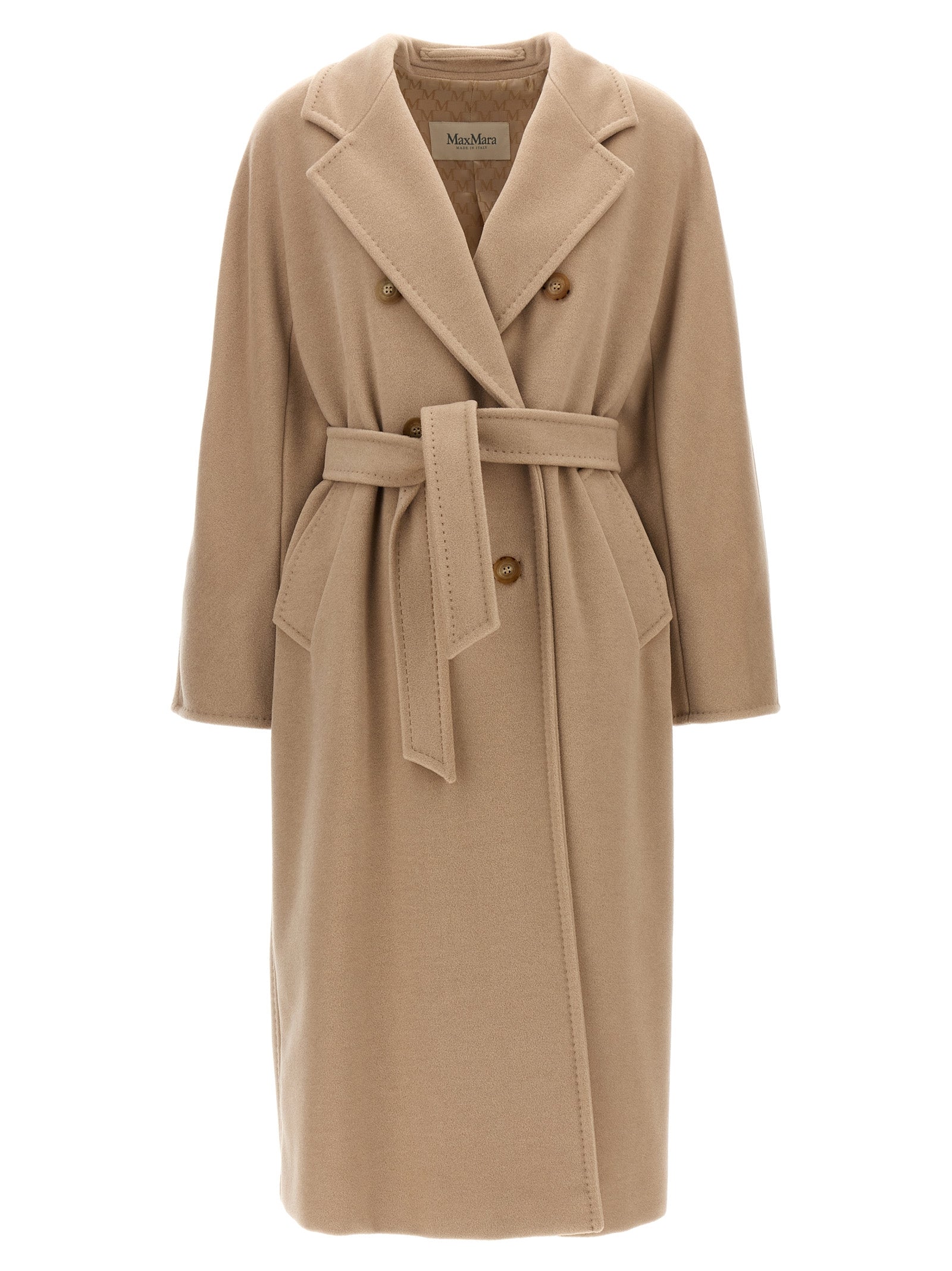 Overcoat by Max Mara for women in virgin cashmere wool beige, horn, jacquard & monogram showcases a architectural silhouette, artfully detailed with a distinctive and functional for a architectural finish.