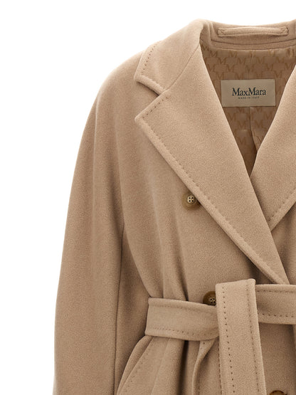 Overcoat by Max Mara for women in virgin cashmere wool beige, horn, jacquard & monogram presents a luxurious silhouette, showcasing a luxurious and sophisticated for a premium, luxurious look.