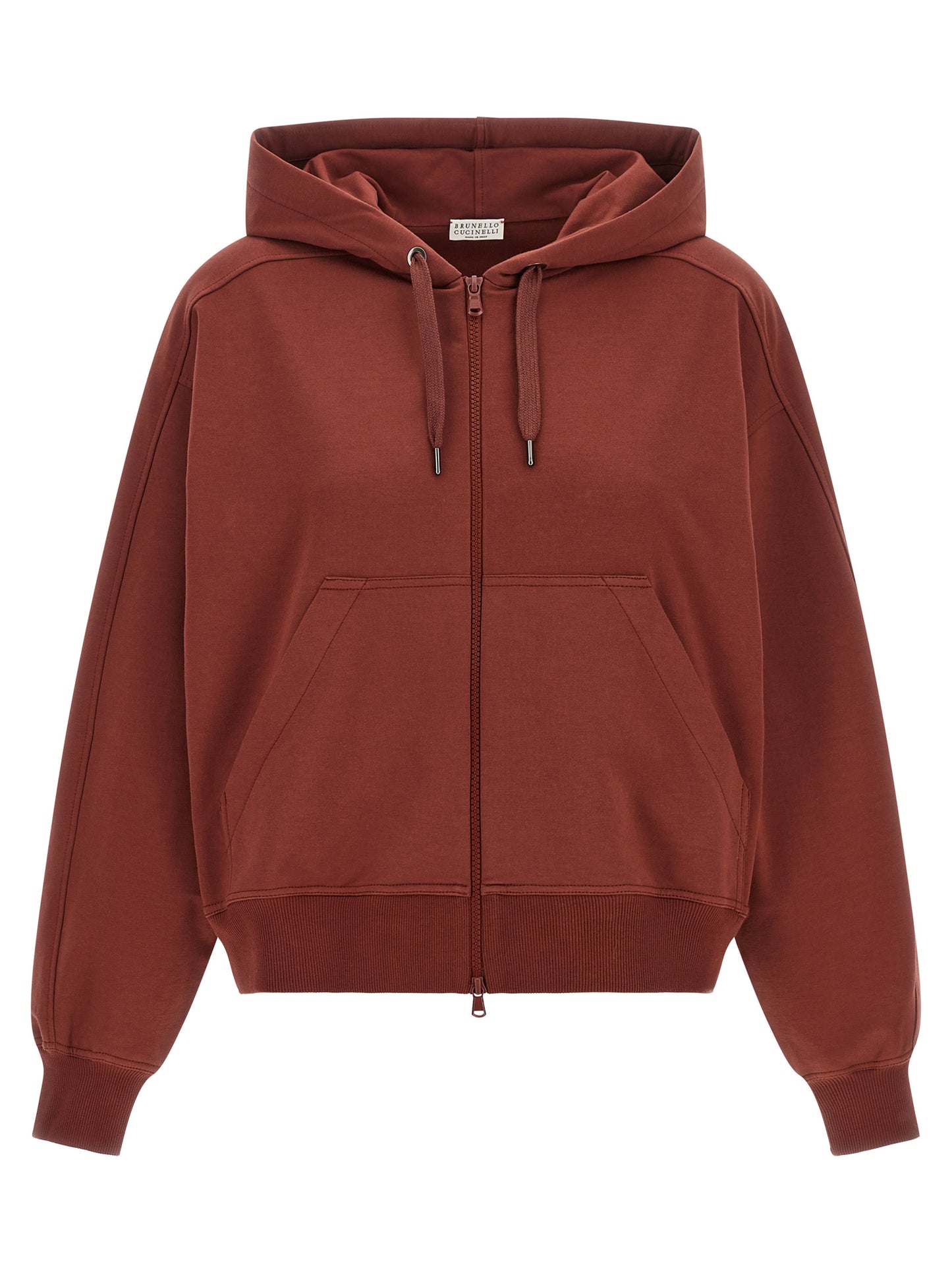 Sweatshirt Hoodie by Brunello Cucinelli for women in stretch cotton bordeaux features an dramatic silhouette, showcasing a sophisticated hooded neckline and dramatic for a refined, modern aesthetic.