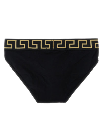 Underwear Briefs by Versace for men in stretch organic cotton black & gold presents a ethereal silhouette, showcasing the sophisticated Medusa Men's Stretch Organic Cotton Underwear Briefs design with a ethereal fit for a premium look.