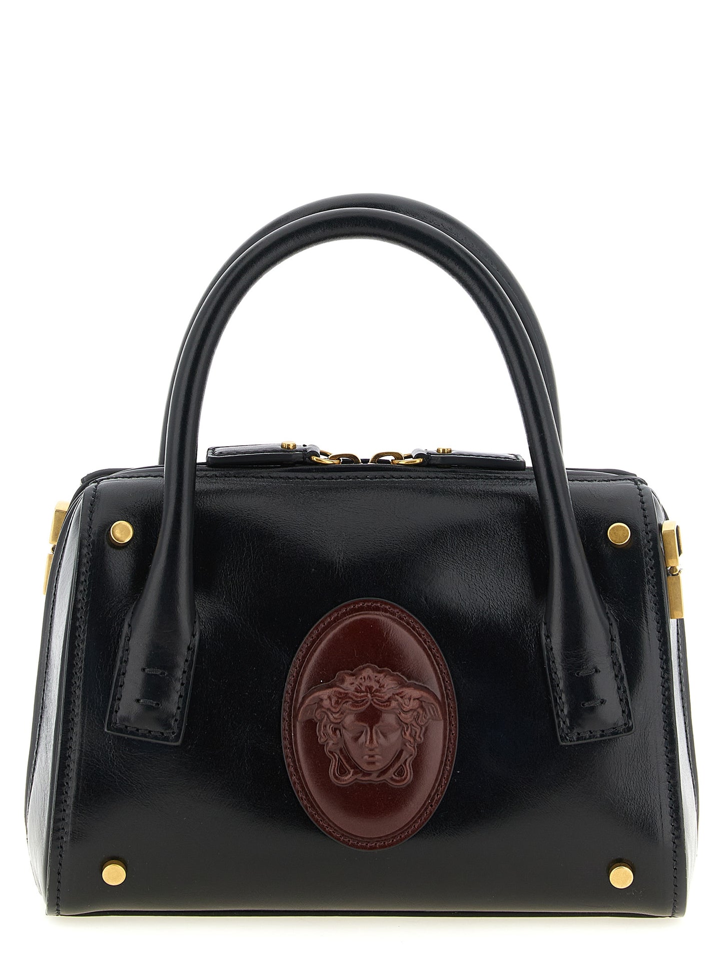 Small Handbag by Versace for women in calfskin leather black, burgundy & gold features a signature silhouette, showcasing a secure and signature with versatile shoulder-strap, handle & detachable-strap for a sophisticated look.