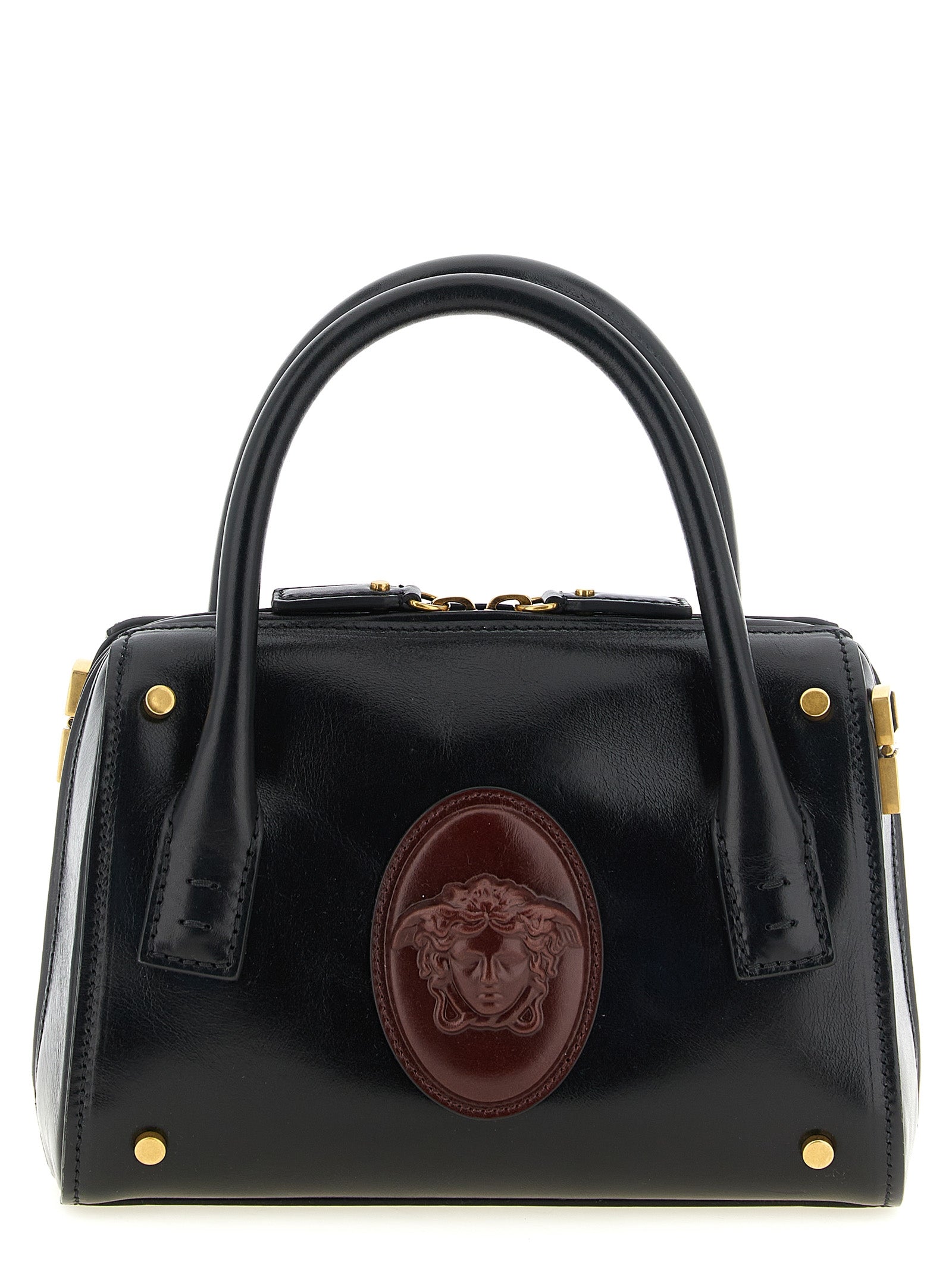 Small Handbag by Versace for women in calfskin leather black, burgundy & gold features a signature silhouette, showcasing a secure and signature with versatile shoulder-strap, handle & detachable-strap for a sophisticated look.