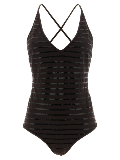Brunello Cucinelli Women's Polyamide Sequins One-Piece Swimsuit - Brown Striped