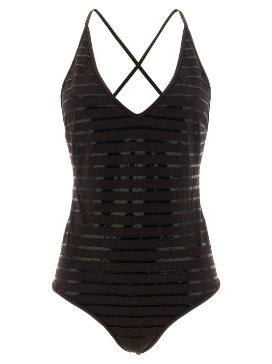 Brunello Cucinelli Women's Polyamide Sequins One-Piece Swimsuit - Brown Striped