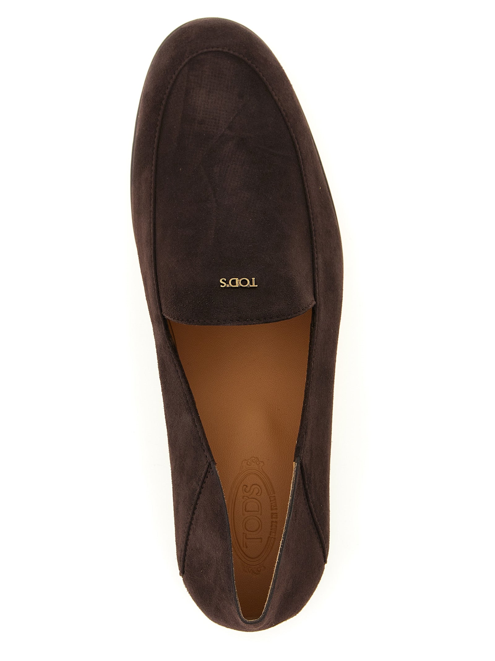 Flat Moccasin Moccasins Loafer Slip-On Slippers Shoes by Tod's for women in suede goatskin leather brown & gold features an ergonomic silhouette, perfectly showcasing Women's Suede Goatskin Leather Flat Moccasin Moccasins Loafer Slip-On Slippers Shoes with its distinct flat and elegant .