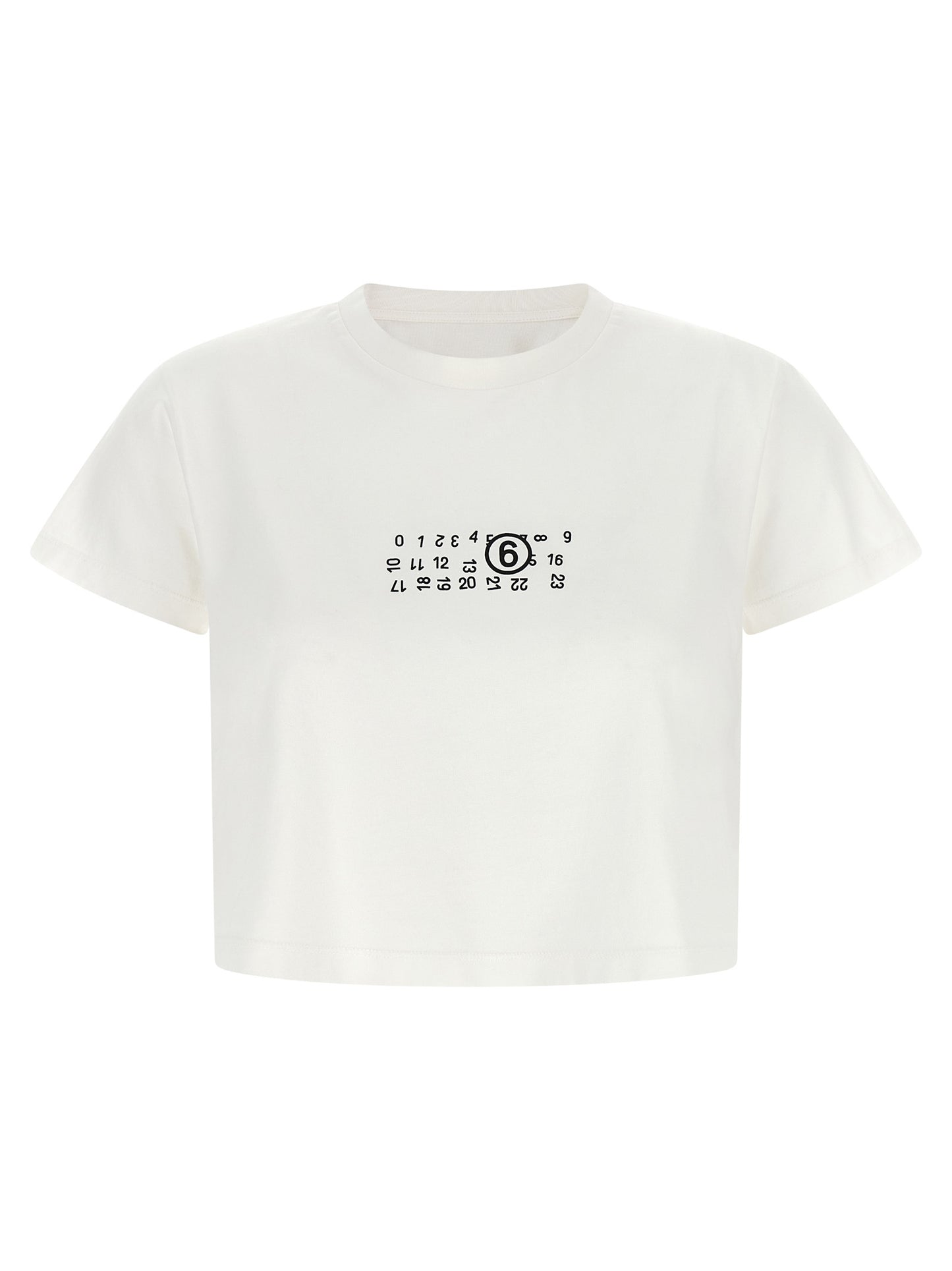 T-Shirt by MM6 Maison Margiela for women in cotton white, signature & print showcases a unassuming silhouette, artfully detailed with a refined and unassuming for a sophisticated, contemporary look.