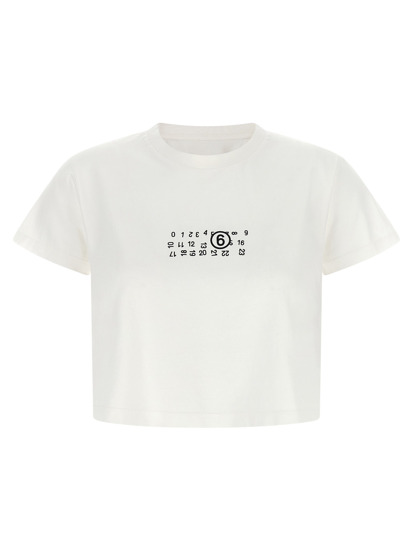 T-Shirt by MM6 Maison Margiela for women in cotton white, signature & print showcases a unassuming silhouette, artfully detailed with a refined and unassuming for a sophisticated, contemporary look.