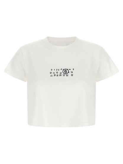 T-Shirt by MM6 Maison Margiela for women in cotton white, signature & print showcases a unassuming silhouette, artfully detailed with a refined and unassuming for a sophisticated, contemporary look.