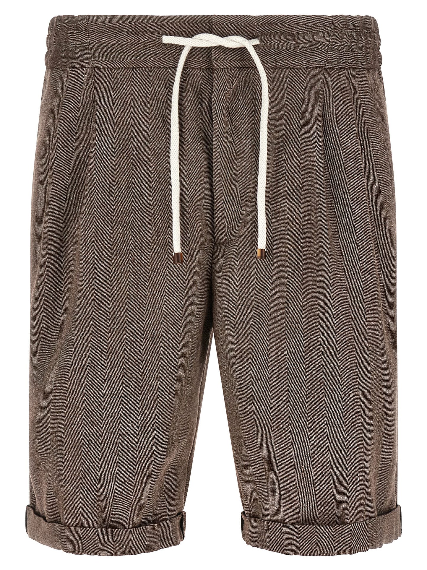 Bermuda Shorts by Brunello Cucinelli for men in linen & virgin wool brown & chevron presents a sleek silhouette, featuring a sleek relaxed-fit with a refined short and a sophisticated .