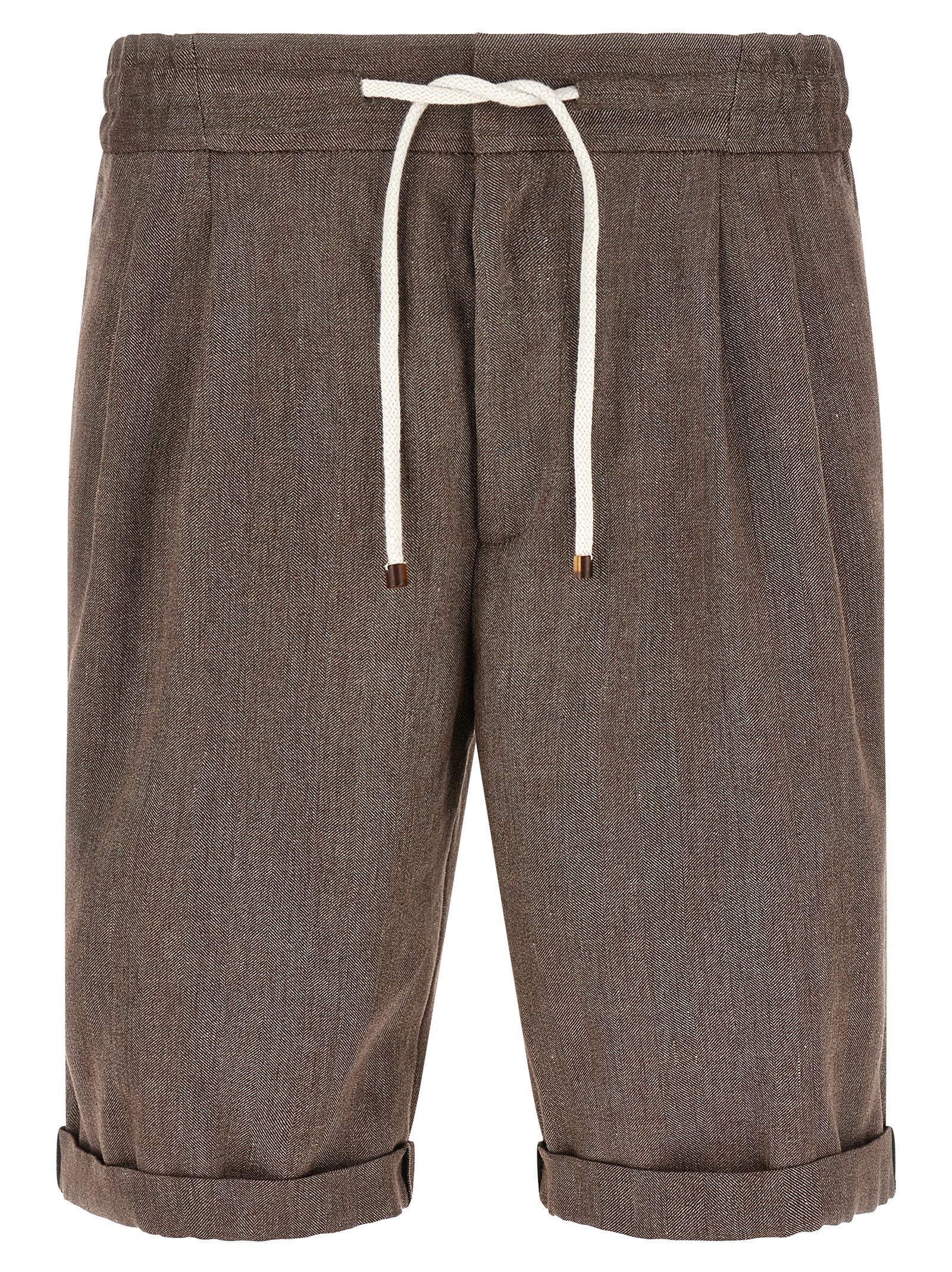 Bermuda Shorts by Brunello Cucinelli for men in linen & virgin wool brown & chevron presents a sleek silhouette, featuring a sleek relaxed-fit with a refined short and a sophisticated .