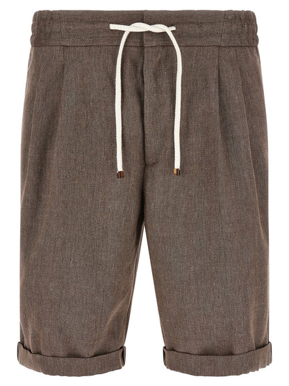 Bermuda Shorts by Brunello Cucinelli for men in linen & virgin wool brown & chevron presents a sleek silhouette, featuring a sleek relaxed-fit with a refined short and a sophisticated .