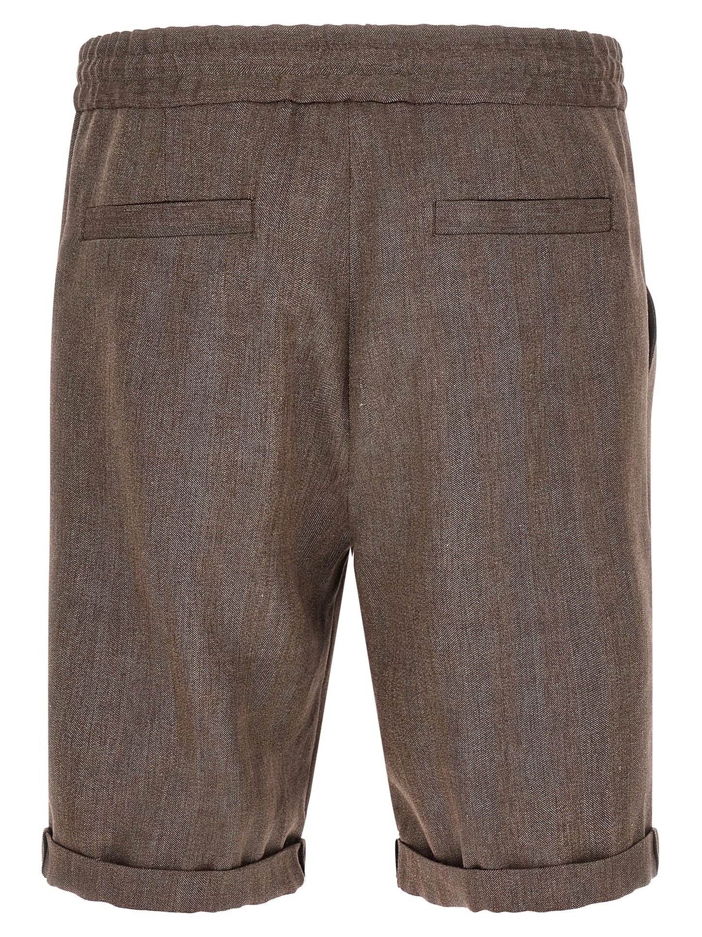 Bermuda Shorts by Brunello Cucinelli for men in linen & virgin wool brown & chevron features an tailored silhouette, showcasing a tailored relaxed-fit with a short and for a sophisticated look.