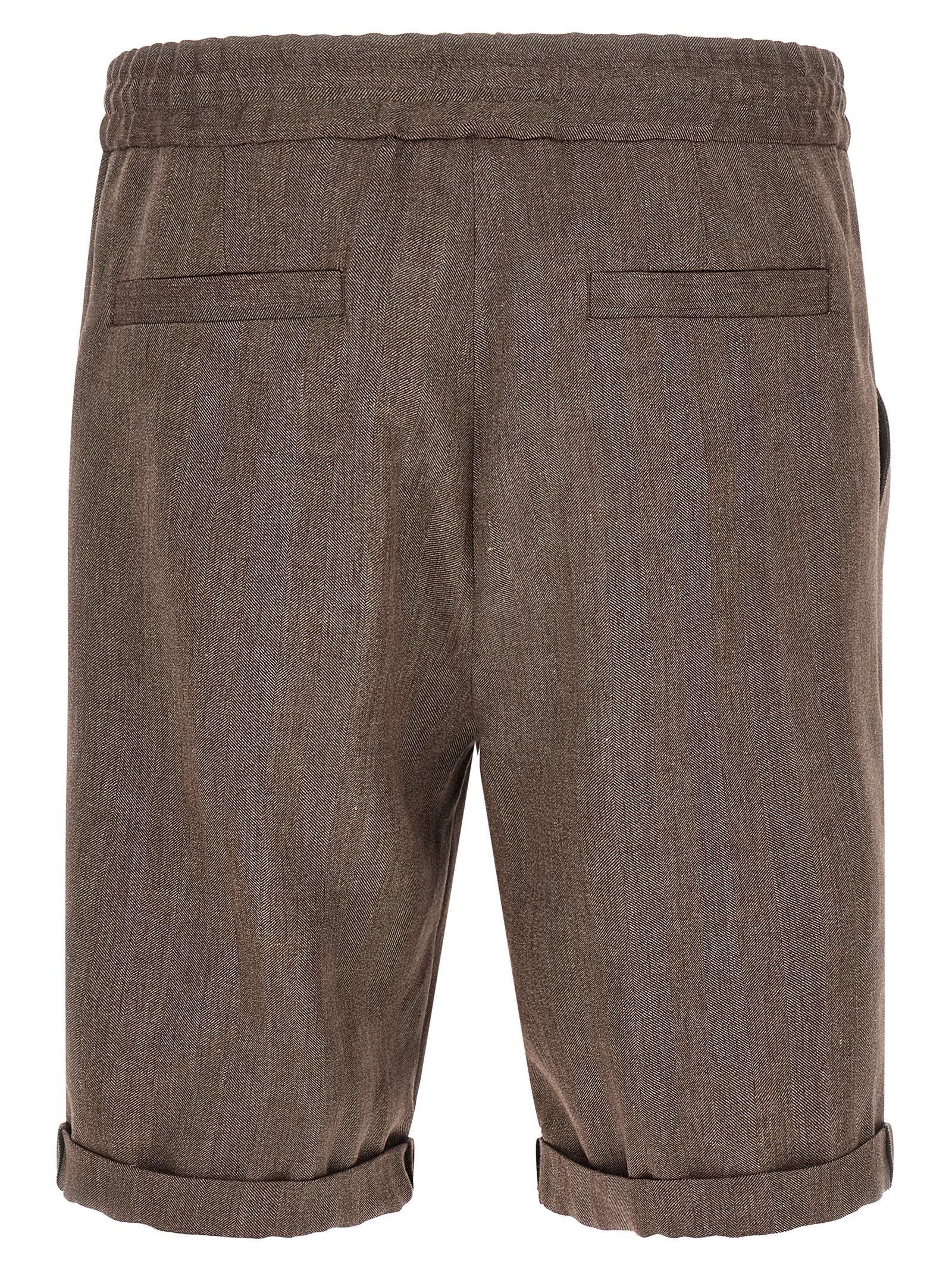 Bermuda Shorts by Brunello Cucinelli for men in linen & virgin wool brown & chevron features an tailored silhouette, showcasing a tailored relaxed-fit with a short and for a sophisticated look.