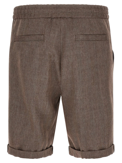 Bermuda Shorts by Brunello Cucinelli for men in linen & virgin wool brown & chevron features an tailored silhouette, showcasing a tailored relaxed-fit with a short and for a sophisticated look.
