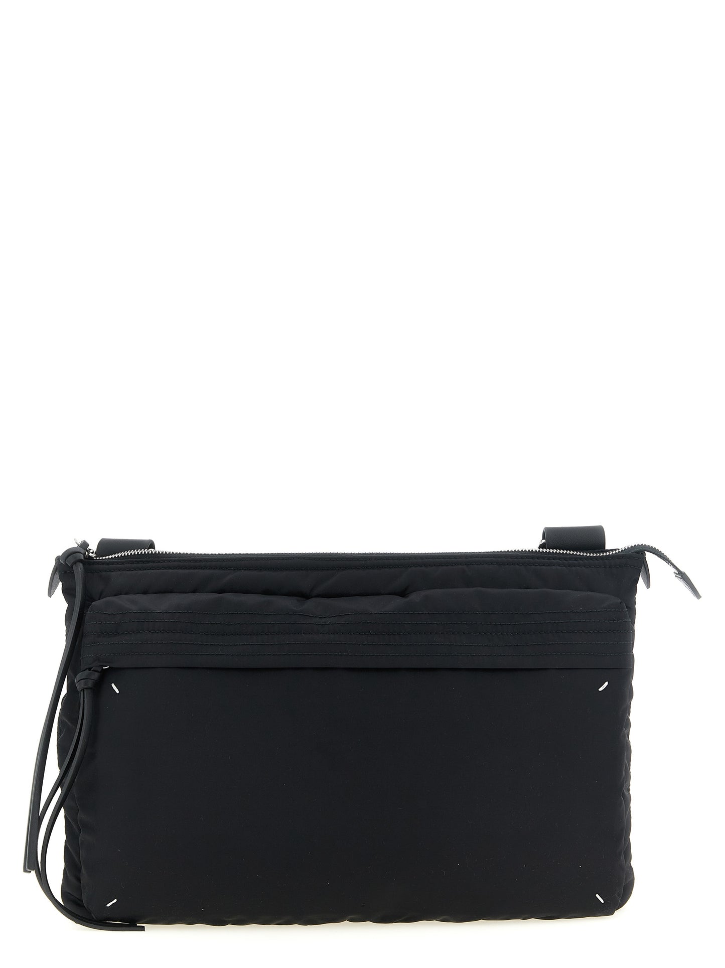 East West Crossbody Messenger Bag by Maison Margiela for men in polyamide patent leather black, silver, white & signature showcases a stylish Four Stitches Zip Computer Polyamide Patent Leather East West Crossbody Messenger Bag design, featuring a secure zipper and ample external-pockets with versatile crossbody-strap, shoulder-strap & adjustable-strap for a stylish look.